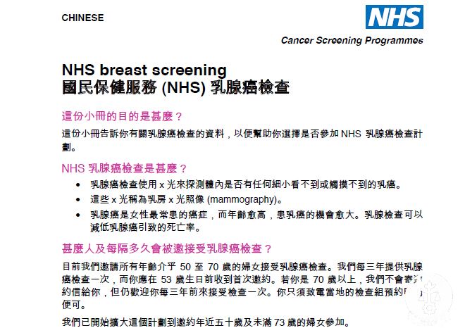 英国国民保健服务为50岁以上的妇女提供乳腺癌筛查，还专门制作了中文版
